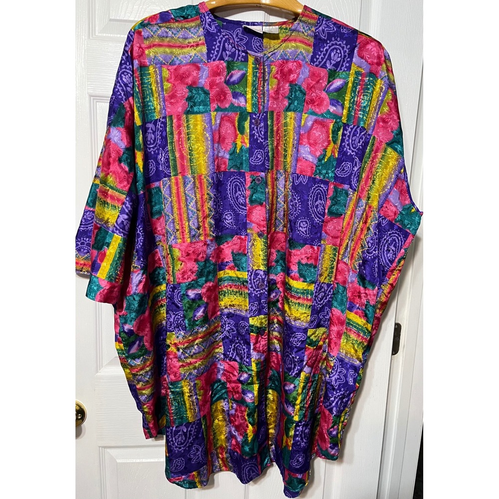 Vtg Simply Basic Colorful Patchwork Print Kimono MuuMuu 2 Pockets‎ One Size